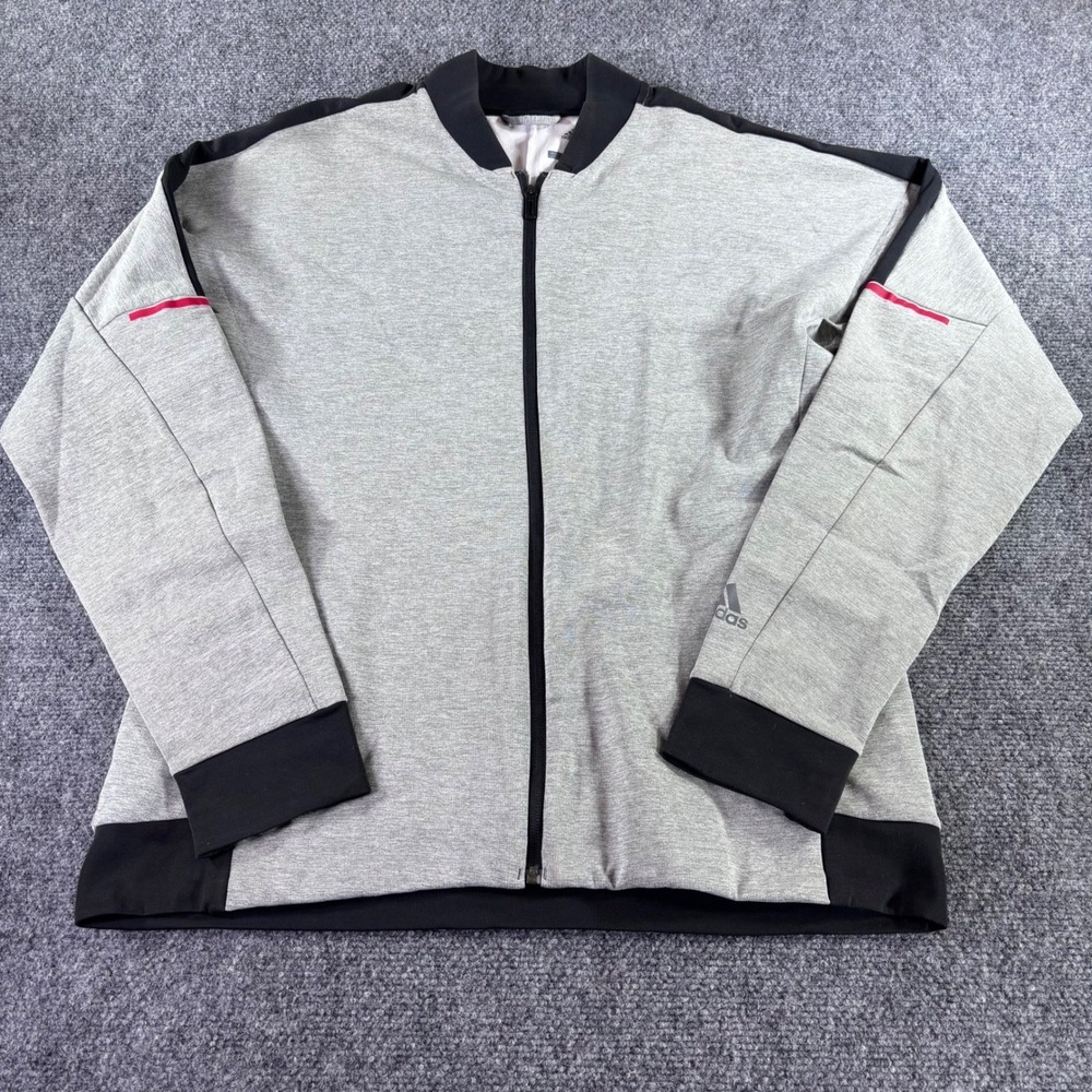 Adidas Track Jacket Mens Large Gray Black Climalite Full Zip Performance Bomber